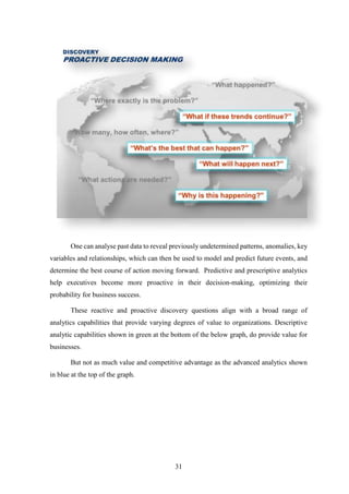 One can analyse past data to reveal previously undetermined patterns, anomalies, key 
variables and relationships, which can then be used to model and predict future events, and 
determine the best course of action moving forward. Predictive and prescriptive analytics 
help executives become more proactive in their decision-making, optimizing their 
probability for business success. 
These reactive and proactive discovery questions align with a broad range of 
analytics capabilities that provide varying degrees of value to organizations. Descriptive 
analytic capabilities shown in green at the bottom of the below graph, do provide value for 
businesses. 
But not as much value and competitive advantage as the advanced analytics shown 
31 
in blue at the top of the graph. 
 