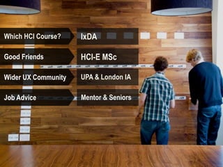 Which HCI Course?    IxDA

Good Friends         HCI-E MSc

Wider UX Community   UPA & London IA

Job Advice           Mentor & Seniors
 