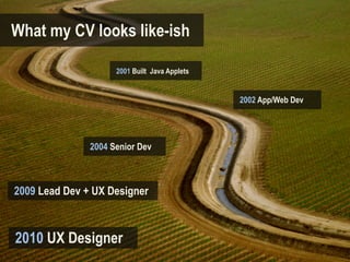 What my CV looks like-ish

                     2001 Built Java Applets


                                               2002 App/Web Dev




               2004 Senior Dev



2009 Lead Dev + UX Designer



2010 UX Designer
 