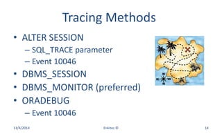Tracing Methods
• ALTER SESSION
– SQL_TRACE parameter
– Event 10046
• DBMS_SESSION
• DBMS_MONITOR (preferred)
• ORADEBUG
– Event 10046
11/4/2014 Enkitec © 14
 