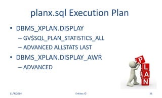 planx.sql Execution Plan
• DBMS_XPLAN.DISPLAY
– GV$SQL_PLAN_STATISTICS_ALL
– ADVANCED ALLSTATS LAST
• DBMS_XPLAN.DISPLAY_AWR
– ADVANCED
11/4/2014 Enkitec © 36
 