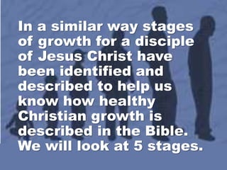 In a similar way stages
of growth for a disciple
of Jesus Christ have
been identified and
described to help us
know how he...