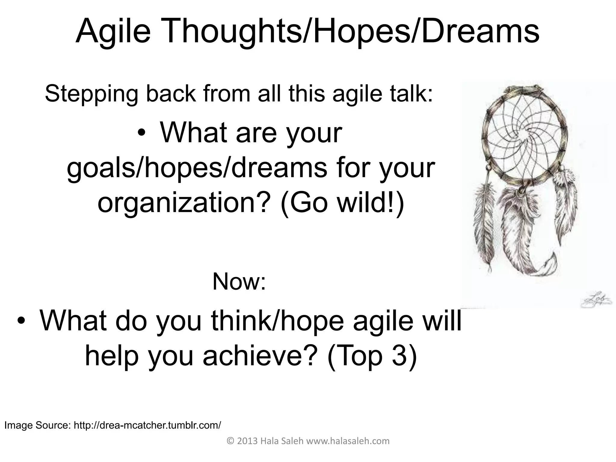 Agile Thoughts/Hopes/Dreams
Stepping back from all this agile talk:
• What are your
goals/hopes/dreams for your
organization? (Go wild!)
Now:
• What do you think/hope agile will
help you achieve? (Top 3)
Image Source: http://drea-mcatcher.tumblr.com/
© 2013 Hala Saleh www.halasaleh.com
 