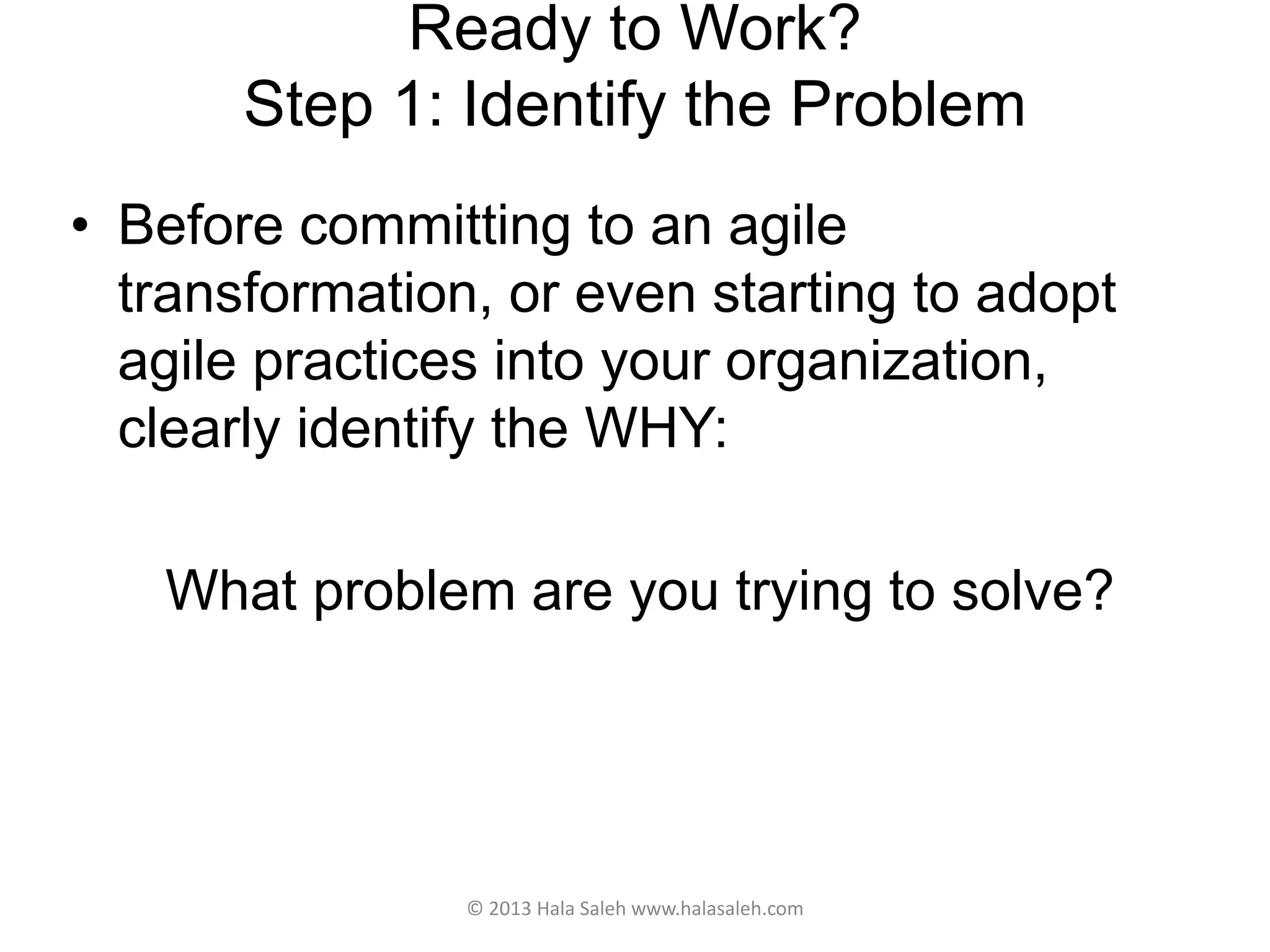 Ready to Work?
Step 1: Identify the Problem
• Before committing to an agile
transformation, or even starting to adopt
agile practices into your organization,
clearly identify the WHY:
What problem are you trying to solve?
© 2013 Hala Saleh www.halasaleh.com
 