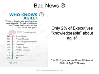 Bad News 
© 2013 Hala Saleh www.halasaleh.com
Only 2% of Executives
“knowledgeable” about
agile*
* In 2013, per VersionOne’s 8th Annual
State of AgileTM Survey
 