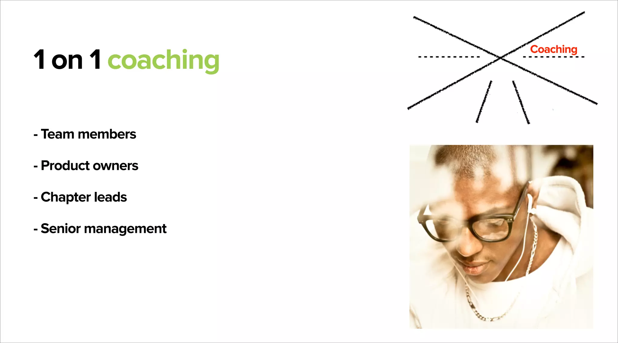 1 on 1 coaching
- Team members
- Product owners
- Chapter leads
- Senior management

Coaching

 