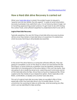 http://free-backup.info/<br />How a Hard disk drive Recovery is carried out<br />When your hard disk drive is ruined, the evident query to request is, quot;
exactly how do you obtain the info again? quot;
 In spite of what information recovery businesses may well inform you, it is not done by black magic nor is it anything approaching rocket science, it's got more to do with having the correct tools, and sufficient expertise to understand what to do with it.<br />Logical Hard disk Recovery<br />Typically speaking, the very first thing a hard disk drive recovery business will do once they obtain a hard disk drive is to examine it to determine what recovery technique will probably be essential.<br />In the event the drive failure is a computer software difficulty, they are going to complete a scan of the drive to check out and restore the file technique. In some instances a partition may be repaired, restoring the hard disk to its standing prior to the drive failure. If this can't be done, they are going to do a really low-level scan, searching each and every sector of the hard disk drive for files. Once they've found a misplaced file, it'll be copied onto the media of your respective option, that is typically a CD-ROM, a DVD-ROM, or ideally onto another hard disk drive.This sort of Logical hard disk recovery takes an excellent offer of time, especially when the hard disk drive is shut to bodily failure. It is not uncommon for scanning to take an entire day, and recovering any files which can be identified to take another.<br />Physical Hard disk Recovery<br />In case your hard disk is suffering from a bodily failure, the recovery technique is considerably harder. There are two discrete kinds of bodily failure; electronic and mechanical.When recovering info following a bodily failure, a serious hurdle is getting the proper components to get the drive going again. An issue with tough drives is the fact that when you have, by way of example, a 60GB Maxtor Hard disk drive you will want another, identical, 60GB Maxtor Hard disk drive to salvage components from.If it is the printed circuit board which has failed on your hard disk drive an identical circuit board is necessary to retrieve the required circuit components for substitute, due to the fact in most scenario it is not feasible to swap the broken circuit together with the new one. Repairs of this nature demand very good soldering capabilities and an intensive understanding of electronics to achieve success.Hard disk Recovery Environment<br />You may see quot;
Class one hundred Clear Roomquot;
 in a great deal of advertising by hard disk drive recovery professionals. A Course one hundred Clear Place maintains an air purity of significantly less than a hundred airborne particles over 0.five microns in diameter in every cubic foot of air. That is to safeguard the delicate internal components of tough drives. When a hard disk is being labored on, a minimum of Class100 clear place ought to be employed.<br />Hard disk drive Recovery Time<br />The time taken to get a hard disk recovery is generally 5-10 working days to get a bodily recovery (although if components usually are not quickly offered it might take weeks! ), 2-4 for any logical difficulty. An express services is usually obtainable, at a higher price tag.<br />