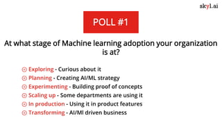 POLL #1
At what stage of Machine learning adoption your organization
is at?
⊚ Exploring - Curious about it
⊚ Planning - Cr...