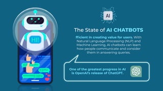 The State of AI CHATBOTS
fficient in creating value for users. With
Natural Language Processing (NLP) and
Machine Learning, AI chatbots can learn
how people communicate and consider
them in answering queries.
HI!
One of the greatest progress in AI
is OpenAI’s release of ChatGPT.
 