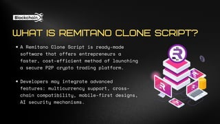 A Remitano Clone Script is ready-made
software that offers entrepreneurs a
faster, cost-efficient method of launching
a secure P2P crypto trading platform.
Developers may integrate advanced
features: multicurrency support, cross-
chain compatibility, mobile-first designs,
AI security mechanisms.
WHAT IS REMITANO CLONE SCRIPT?
 