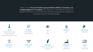 PARIS
Stratégie & Marketing digital
Innovation / Incubation
Agile / continuous delivery / DevOps
BIARRITZ
Data Management
Insight Performance
LILLE
SOA
Retail
BRUXELLES
Agilité
SINGAPOUR
User design lab
HONG KONG
FinTech
TANANARIVE
UX et Community Management
(Non profit)
CASABLANCA
Ouverture
septembre 2017
LUXEMBOURG
Digital banking
SYDNEY
Ouverture
novembre 2017
Basée à Paris, Futurs est l’entité du groupe Maltem dédiée à l’innovation, à la
stratégie digitale et à l’incubation. Elle s’appuie sur l’ensemble des moyens du
groupe et intervient sur l’ensemble des marchés où le groupe est implanté en
association avec les expertises locales.
 