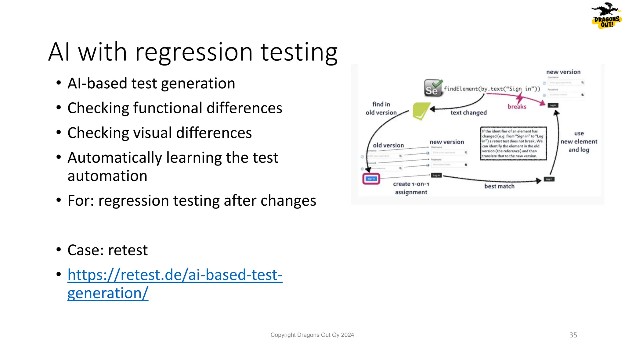 • AI-based test generation
• Checking functional differences
• Checking visual differences
• Automatically learning the test
automation
• For: regression testing after changes
• Case: retest
• https://retest.de/ai-based-test-
generation/
AI with regression testing
Copyright Dragons Out Oy 2024 35
 