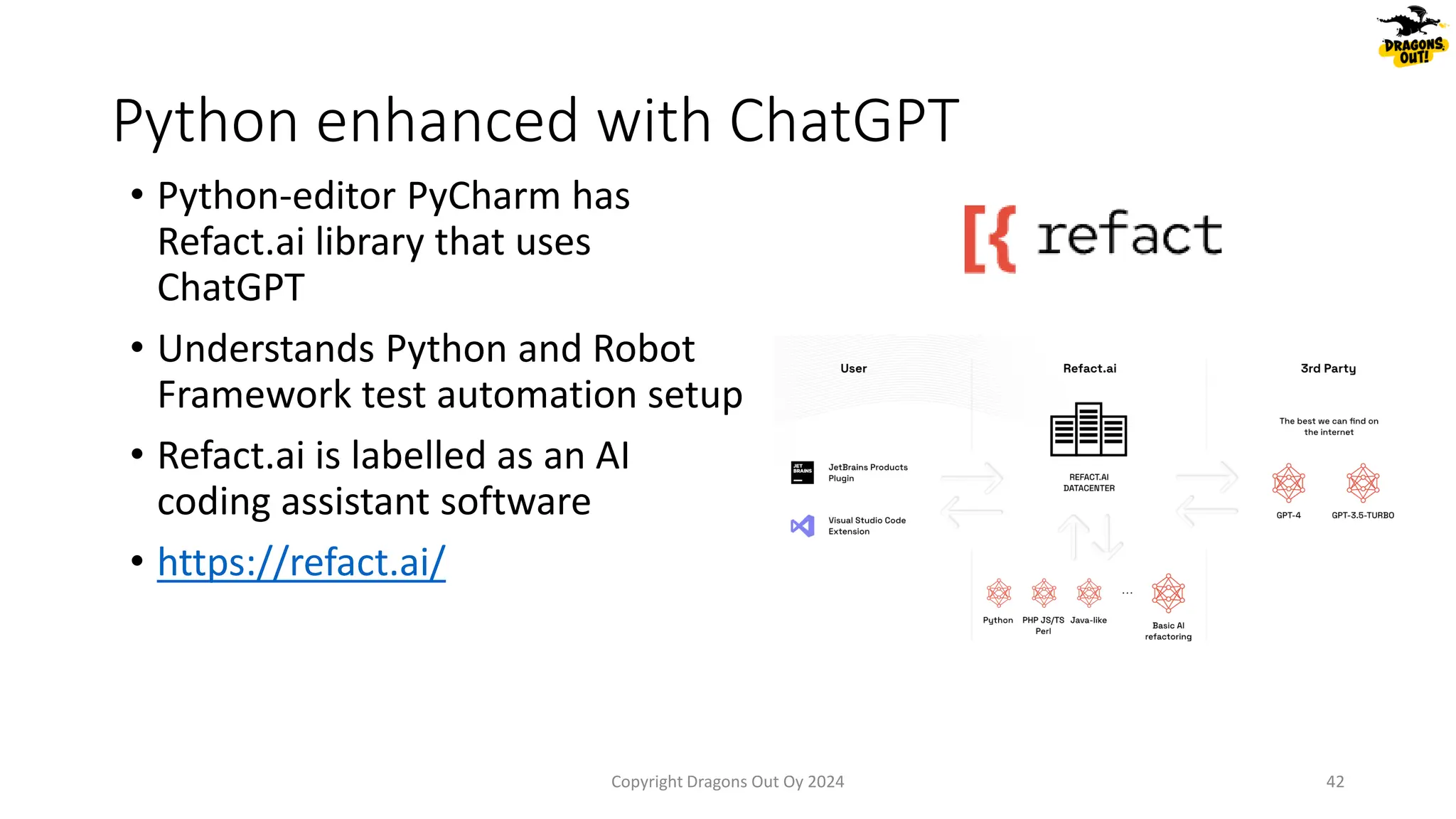 • Python-editor PyCharm has
Refact.ai library that uses
ChatGPT
• Understands Python and Robot
Framework test automation setup
• Refact.ai is labelled as an AI
coding assistant software
• https://refact.ai/
Python enhanced with ChatGPT
Copyright Dragons Out Oy 2024 42
 
