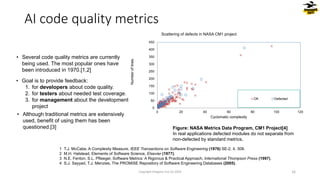 • Several code quality metrics are currently
being used. The most popular ones have
been introduced in 1970.[1,2]
1 T.J. McCabe, A Complexity Measure, IEEE Transactions on Software Engineering (1976) SE-2, 4, 308.
2 M.H. Halstead, Elements of Software Science, Elsevier (1977).
3 N.E. Fenton, S.L. Pfleeger, Software Metrics: A Rigorous & Practical Approach, International Thompson Press (1997).
4 S.J. Sayyad, T.J. Menzies, The PROMISE Repository of Software Engineering Databases (2005).
• Goal is to provide feedback:
1. for developers about code quality.
2. for testers about needed test coverage.
3. for management about the development
project
• Although traditional metrics are extensively
used, benefit of using them has been
questioned.[3]
0
50
100
150
200
250
300
350
400
450
0 20 40 60 80 100 120
Number
of
lines.
Cyclomatic complexity
Scattering of defects in NASA CM1 project
OK Defected
Figure: NASA Metrics Data Program, CM1 Project[4]
In real applications defected modules do not separate from
non-defected by standard metrics.
AI code quality metrics
Copyright Dragons Out Oy 2024 16
 