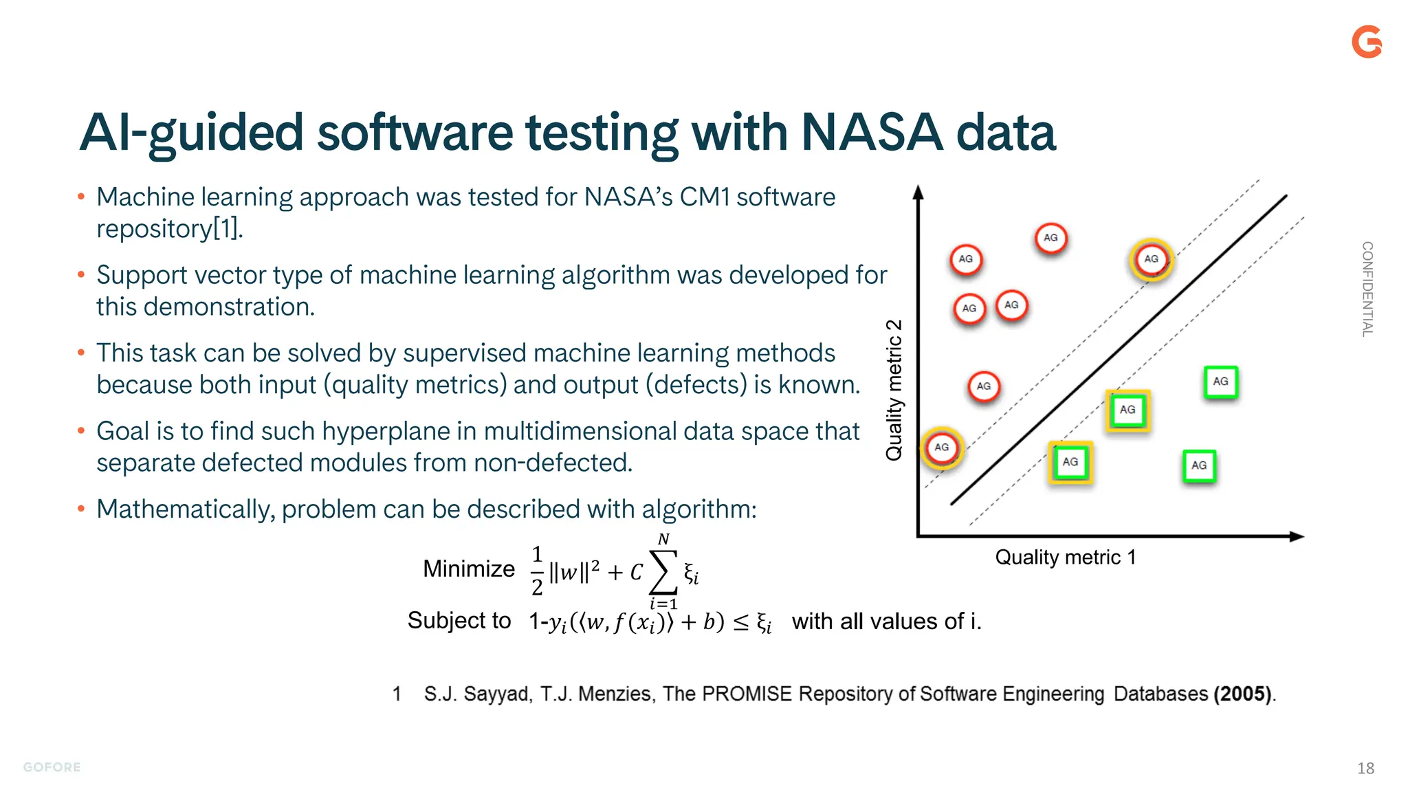 1
2
𝑤 2
+ 𝐶 ෍
𝑖=1
𝑁
ξ𝑖
1-𝑦𝑖 𝑤, 𝑓(𝑥𝑖) + 𝑏 ≤ ξ𝑖
Minimize
Subject to with all values of i.
Quality metric 1
Quality
metric
2
•
•
•
•
•
CONFIDENTIAL
18
 