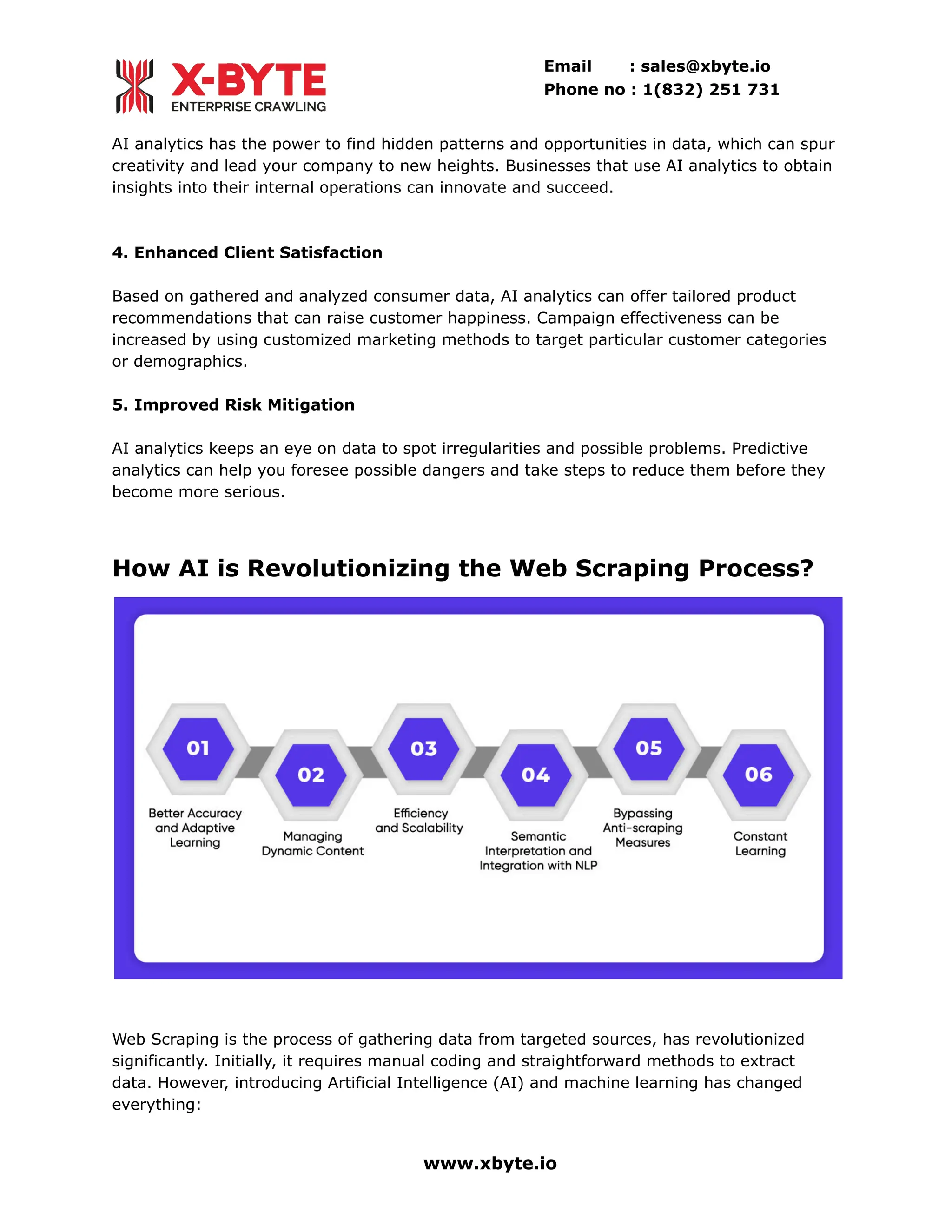 Email : sales@xbyte.io
Phone no : 1(832) 251 731
AI analytics has the power to find hidden patterns and opportunities in data, which can spur
creativity and lead your company to new heights. Businesses that use AI analytics to obtain
insights into their internal operations can innovate and succeed.
4. Enhanced Client Satisfaction
Based on gathered and analyzed consumer data, AI analytics can offer tailored product
recommendations that can raise customer happiness. Campaign effectiveness can be
increased by using customized marketing methods to target particular customer categories
or demographics.
5. Improved Risk Mitigation
AI analytics keeps an eye on data to spot irregularities and possible problems. Predictive
analytics can help you foresee possible dangers and take steps to reduce them before they
become more serious.
How AI is Revolutionizing the Web Scraping Process?
Web Scraping is the process of gathering data from targeted sources, has revolutionized
significantly. Initially, it requires manual coding and straightforward methods to extract
data. However, introducing Artificial Intelligence (AI) and machine learning has changed
everything:
www.xbyte.io
 