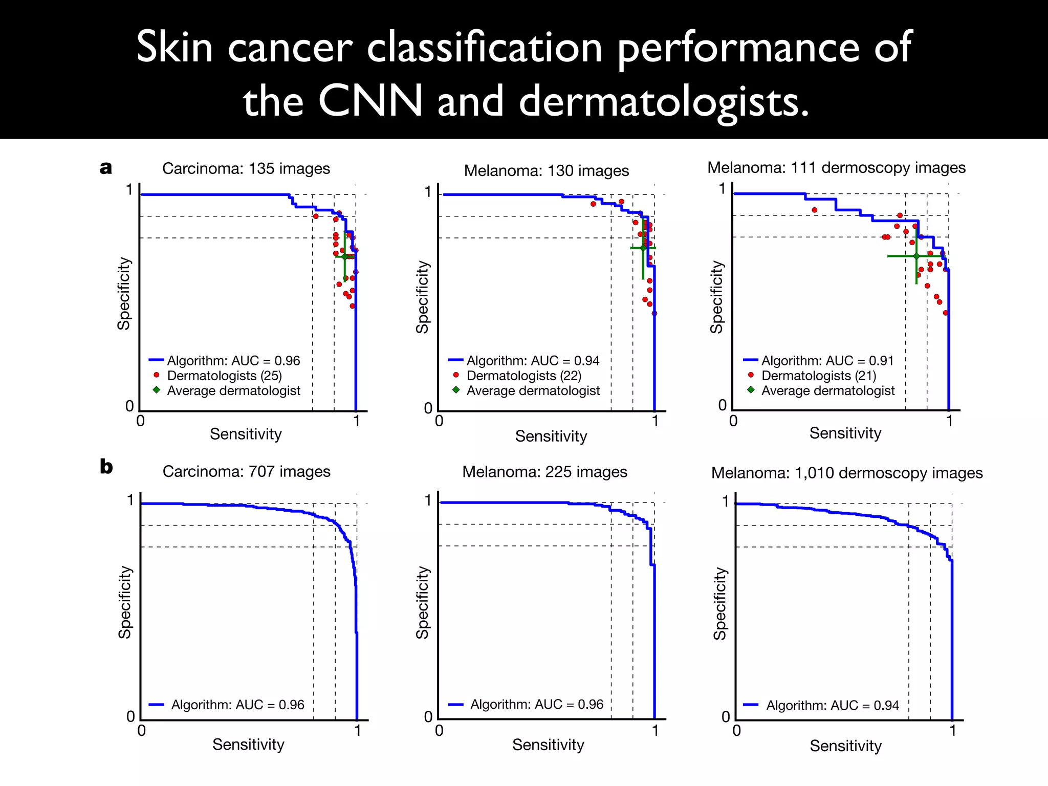 Skin cancer classiﬁcation performance of
the CNN and dermatologists. LETT
a
b
0 1
Sensitivity
0
1
Specificity
Melanoma: 130 images
0 1
Sensitivity
0
1
Specificity
Melanoma: 225 images
Algorithm: AUC = 0.96
0 1
Sensitivity
0
1
Specificity
Melanoma: 111 dermoscopy images
0 1
Sensitivity
0
1
Specificity
Carcinoma: 707 images
Algorithm: AUC = 0.96
0 1
Sensitivity
0
1
Specificity
Melanoma: 1,010 dermoscopy images
Algorithm: AUC = 0.94
0 1
Sensitivity
0
1
Specificity
Carcinoma: 135 images
Algorithm: AUC = 0.96
Dermatologists (25)
Average dermatologist
Algorithm: AUC = 0.94
Dermatologists (22)
Average dermatologist
Algorithm: AUC = 0.91
Dermatologists (21)
Average dermatologist
cancer classification performance of the CNN and
 