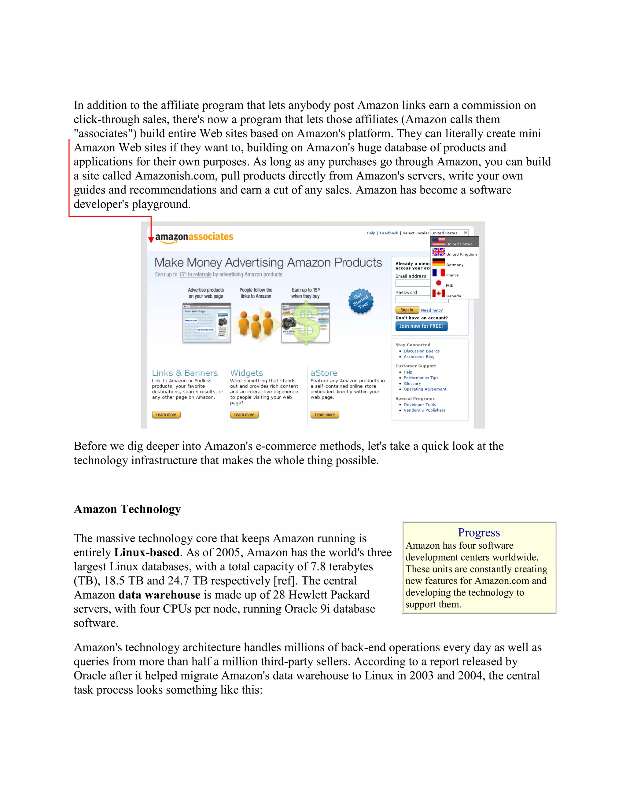 In addition to the affiliate program that lets anybody post Amazon links earn a commission on
click-through sales, there's now a program that lets those affiliates (Amazon calls them
"associates") build entire Web sites based on Amazon's platform. They can literally create mini
Amazon Web sites if they want to, building on Amazon's huge database of products and
applications for their own purposes. As long as any purchases go through Amazon, you can build
a site called Amazonish.com, pull products directly from Amazon's servers, write your own
guides and recommendations and earn a cut of any sales. Amazon has become a software
developer's playground.




Before we dig deeper into Amazon's e-commerce methods, let's take a quick look at the
technology infrastructure that makes the whole thing possible.


Amazon Technology

The massive technology core that keeps Amazon running is                      Progress
                                                                  Amazon has four software
entirely Linux-based. As of 2005, Amazon has the world's three    development centers worldwide.
largest Linux databases, with a total capacity of 7.8 terabytes   These units are constantly creating
(TB), 18.5 TB and 24.7 TB respectively [ref]. The central         new features for Amazon.com and
Amazon data warehouse is made up of 28 Hewlett Packard            developing the technology to
                                                                  support them.
servers, with four CPUs per node, running Oracle 9i database
software.
Amazon's technology architecture handles millions of back-end operations every day as well as
queries from more than half a million third-party sellers. According to a report released by
Oracle after it helped migrate Amazon's data warehouse to Linux in 2003 and 2004, the central
task process looks something like this:
 