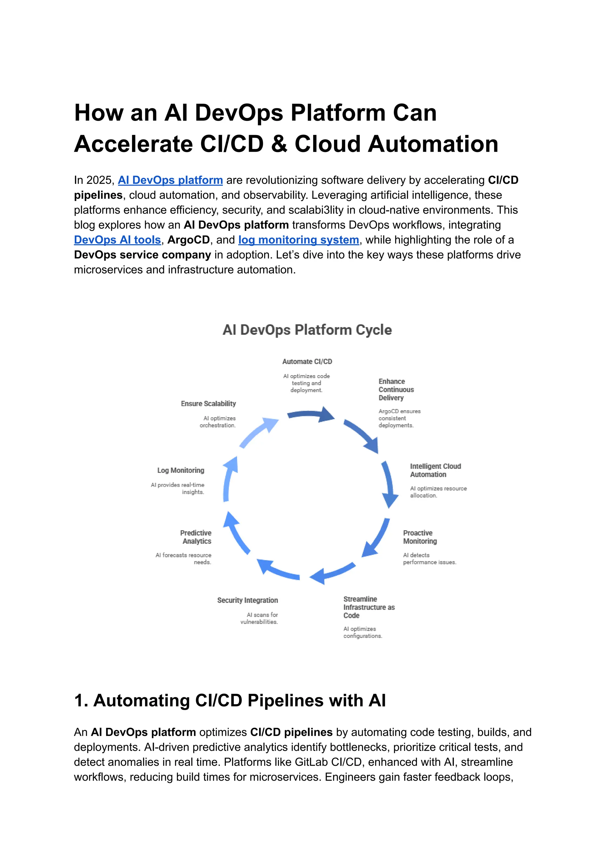 How an AI DevOps Platform Can
Accelerate CI/CD & Cloud Automation
In 2025, AI DevOps platform are revolutionizing software delivery by accelerating CI/CD
pipelines, cloud automation, and observability. Leveraging artificial intelligence, these
platforms enhance efficiency, security, and scalabi3lity in cloud-native environments. This
blog explores how an AI DevOps platform transforms DevOps workflows, integrating
DevOps AI tools, ArgoCD, and log monitoring system, while highlighting the role of a
DevOps service company in adoption. Let’s dive into the key ways these platforms drive
microservices and infrastructure automation.
1. Automating CI/CD Pipelines with AI
An AI DevOps platform optimizes CI/CD pipelines by automating code testing, builds, and
deployments. AI-driven predictive analytics identify bottlenecks, prioritize critical tests, and
detect anomalies in real time. Platforms like GitLab CI/CD, enhanced with AI, streamline
workflows, reducing build times for microservices. Engineers gain faster feedback loops,
 