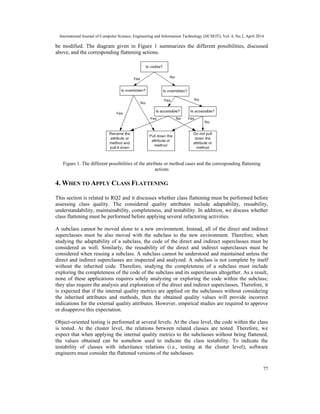 International Journal of Computer Science, Engineering and Information Technology (IJCSEIT), Vol. 4, No.2, April 2014
77
be modified. The diagram given in Figure 1 summarizes the different possibilities, discussed
above, and the corresponding flattening actions.
Figure 1. The different possibilities of the attribute or method cases and the corresponding flattening
actions
4. WHEN TO APPLY CLASS FLATTENING
This section is related to RQ2 and it discusses whether class flattening must be performed before
assessing class quality. The considered quality attributes include adaptability, reusability,
understandability, maintainability, completeness, and testability. In addition, we discuss whether
class flattening must be performed before applying several refactoring activities.
A subclass cannot be moved alone to a new environment. Instead, all of the direct and indirect
superclasses must be also moved with the subclass to the new environment. Therefore, when
studying the adaptability of a subclass, the code of the direct and indirect superclasses must be
considered as well. Similarly, the reusability of the direct and indirect superclasses must be
considered when reusing a subclass. A subclass cannot be understood and maintained unless the
direct and indirect superclasses are inspected and analyzed. A subclass is not complete by itself
without the inherited code. Therefore, studying the completeness of a subclass must include
exploring the completeness of the code of the subclass and its superclasses altogether. As a result,
none of these applications requires solely analyzing or exploring the code within the subclass;
they also require the analysis and exploration of the direct and indirect superclasses. Therefore, it
is expected that if the internal quality metrics are applied on the subclasses without considering
the inherited attributes and methods, then the obtained quality values will provide incorrect
indications for the external quality attributes. However, empirical studies are required to approve
or disapprove this expectation.
Object-oriented testing is performed at several levels. At the class level, the code within the class
is tested. At the cluster level, the relations between related classes are tested. Therefore, we
expect that when applying the internal quality metrics to the subclasses without being flattened,
the values obtained can be somehow used to indicate the class testability. To indicate the
testability of classes with inheritance relations (i.e., testing at the cluster level), software
engineers must consider the flattened versions of the subclasses.
 