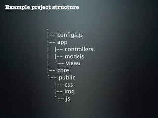 Example project structure


              .
              |-- conﬁgs.js
              |-- app
              | |-- controllers
              | |-- models
              | `-- views
              |-- core
              `-- public
                 |-- css
                 |-- img
                 `-- js
 