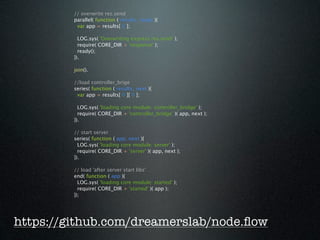 // overwrite res.send
         parallel( function ( results, ready ){
          var app = results[ 0 ];

           LOG.sys( 'Overwriting express res.send' );
           require( CORE_DIR + 'response' );
           ready();
         }).

         join().

         //load controller_brige
         series( function ( results, next ){
          var app = results[ 0 ][ 0 ];

           LOG.sys( 'loading core module: controller_bridge' );
           require( CORE_DIR + 'controller_bridge' )( app, next );
         }).

         // start server
         series( function ( app, next ){
           LOG.sys( 'loading core module: server' );
           require( CORE_DIR + 'server' )( app, next );
         }).

         // load 'after server start libs'
         end( function ( app ){
           LOG.sys( 'loading core module: started' );
           require( CORE_DIR + 'started' )( app );
         });




https://github.com/dreamerslab/node.ﬂow
 