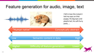 13
Feature generation for audio, image, text
I fell in love the instant I
laid my eyes on that
puppy. His big eyes and
playful tail, his soft furry
paws, …
“Human native” Conceptually abstract
Low Semantic content in data High
Higher Difficulty of feature generation Lower
 