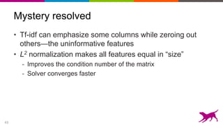 43
Mystery resolved
• Tf-idf can emphasize some columns while zeroing out
others—the uninformative features
• L2 normalization makes all features equal in “size”
- Improves the condition number of the matrix
- Solver converges faster
 