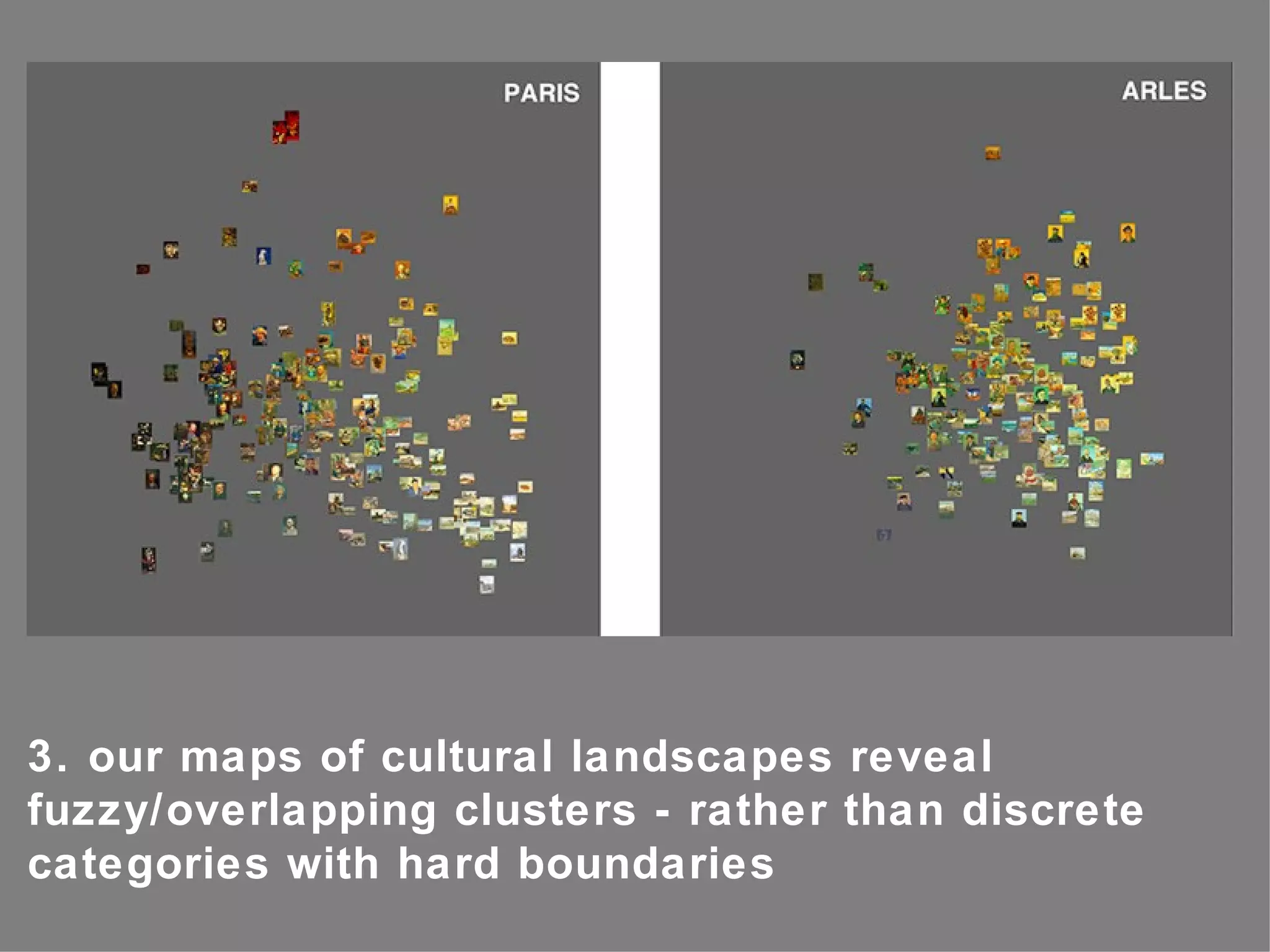 3. our maps of cultural landscapes reveal
fuzzy/overlapping clusters - rather than discrete
categories with hard boundaries
 