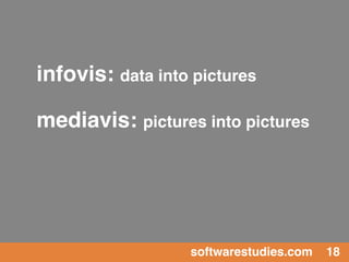 infovis: data into pictures

mediavis: pictures into pictures




                  softwarestudies.com   18
 