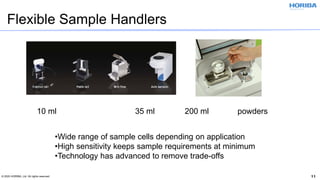 © 2020 HORIBA, Ltd. All rights reserved. 11
10 ml 35 ml 200 ml powders
•Wide range of sample cells depending on application
•High sensitivity keeps sample requirements at minimum
•Technology has advanced to remove trade-offs
Flexible Sample Handlers
 