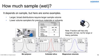 © 2020 HORIBA, Ltd. All rights reserved. 12
How much sample (wet)?
• Larger, broad distributions require larger sample volume
• Lower volume samplers for precious materials or solvents
Sample
Handlers
Dispersing
Volume
(mL)
Aqua/Solvo
Flow
180 - 330
MiniFlow 35 - 50
Fraction Cell 15
Small
Volume
Fraction Cell
10
Median (D50):
35 nm
Sample
Amount:
132 mg
Median (D50):
114 µm
Sample
Amount:
1.29 mg
Median (D50):
9.33 µm
Sample
Amount:
0.165 mg
Note: Fraction cell has only
magnetic stir bar, not for large or
heavy particles
Bio polymer Colloidal silica Magnesium stearate
It depends on sample, but here are some examples.
 