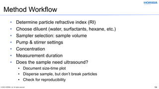 © 2020 HORIBA, Ltd. All rights reserved. 14
Method Workflow
• Determine particle refractive index (RI)
• Choose diluent (water, surfactants, hexane, etc.)
• Sampler selection: sample volume
• Pump & stirrer settings
• Concentration
• Measurement duration
• Does the sample need ultrasound?
• Document size-time plot
• Disperse sample, but don’t break particles
• Check for reproducibility
 