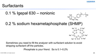 © 2020 HORIBA, Ltd. All rights reserved. 24
0.1 % Igepal 630 – nonionic
0.2 % sodium hexametaphosphate (SHMP)
Surfactants
Phosphate is your friend. So is 0.1~0.2%
Sometimes you need to fill the analyzer with surfactant solution to avoid
stripping surfactant off the particles.
 