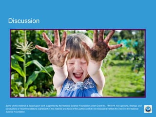 Discussion
Some of this material is based upon work supported by the National Science Foundation under Grant No. 1417878. Any opinions, findings, and
conclusions or recommendations expressed in this material are those of the authors and do not necessarily reflect the views of the National
Science Foundation.
 