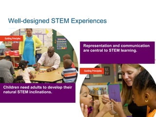 Well-designed STEM Experiences
Representation and communication
are central to STEM learning.
Children need adults to develop their
natural STEM inclinations.
 