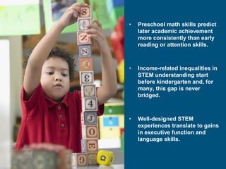 • Preschool math skills predict
later academic achievement
more consistently than early
reading or attention skills.
• Income-related inequalities in
STEM understanding start
before kindergarten and, for
many, this gap is never
bridged.
• Well-designed STEM
experiences translate to gains
in executive function and
language skills.
 