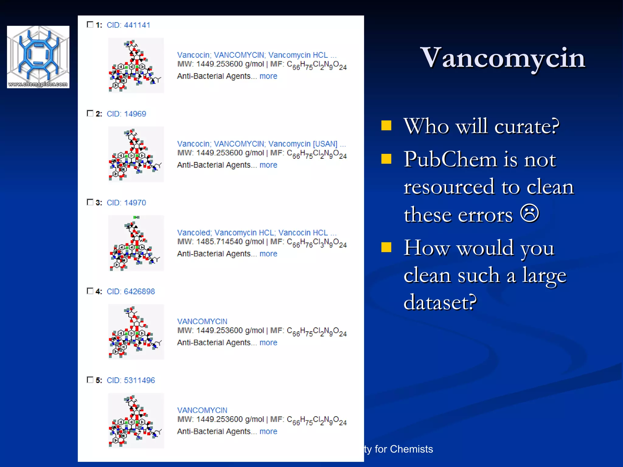 Vancomycin Who will curate? PubChem is not resourced to clean these errors   How would you clean such a large dataset? 