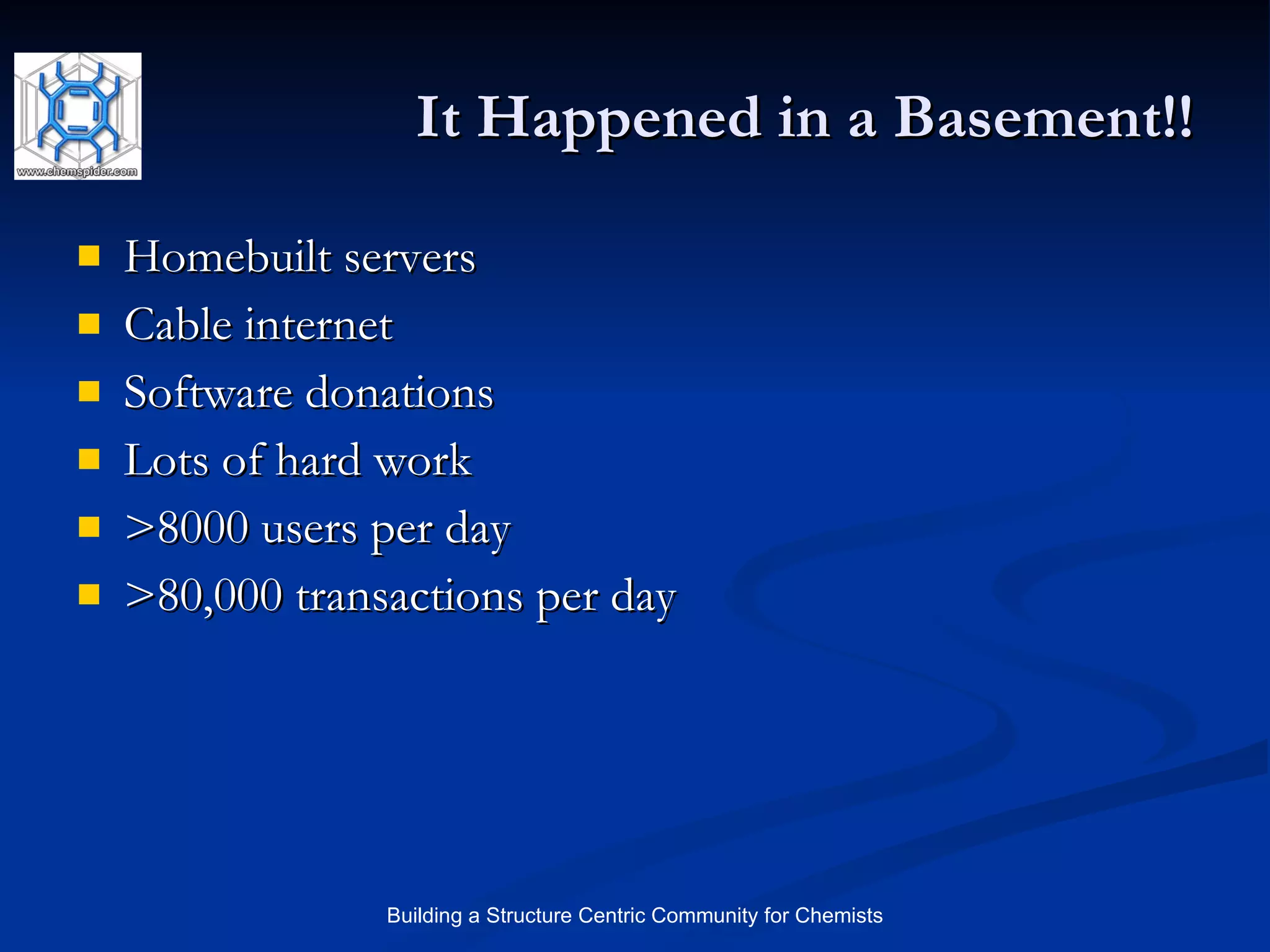 It Happened in a Basement!! Homebuilt servers Cable internet Software donations Lots of hard work >8000 users per day >80,000 transactions per day 