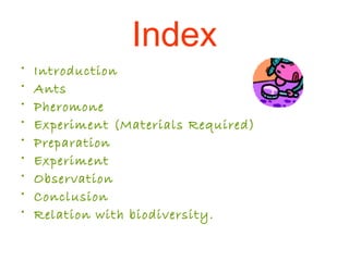 Index
• Introduction
• Ants
• Pheromone
• Experiment (Materials Required)
• Preparation
• Experiment
• Observation
• Conclusion
• Relation with biodiversity.
 