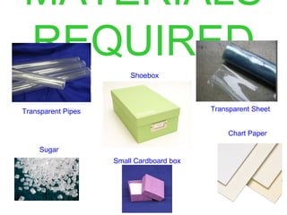 MATERIALS
REQUIRED
Transparent Pipes Transparent Sheet
Shoebox
Sugar
Small Cardboard box
Chart Paper
 