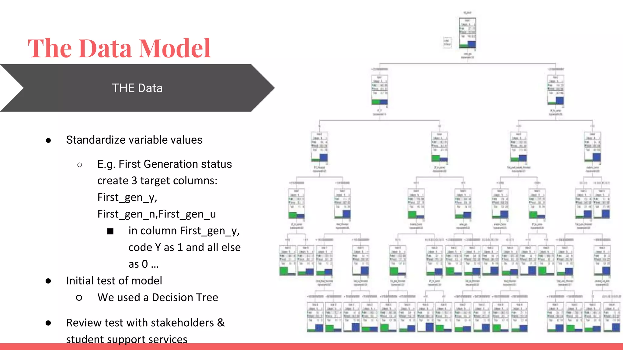 The Data Model
THE Data
● Standardize variable values
○ E.g. First Generation status
create 3 target columns:
First_gen_y,
First_gen_n,First_gen_u
■ in column First_gen_y,
code Y as 1 and all else
as 0 …
● Initial test of model
○ We used a Decision Tree
● Review test with stakeholders &
student support services
 