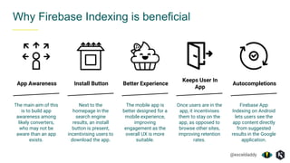 @exceldaddy
Why Firebase Indexing is beneficial
Install Button Better Experience
Keeps User In
App
The mobile app is
better designed for a
mobile experience,
improving
engagement as the
overall UX is more
suitable.
Next to the
homepage in the
search engine
results, an install
button is present,
incentivising users to
download the app.
Once users are in the
app, it incentivises
them to stay on the
app, as opposed to
browse other sites,
improving retention
rates.
Autocompletions
Firebase App
Indexing on Android
lets users see the
app content directly
from suggested
results in the Google
application.
App Awareness
The main aim of this
is to build app
awareness among
likely converters,
who may not be
aware than an app
exists.
 