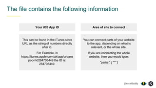 @exceldaddy
The file contains the following information
Your iOS App ID
This can be found in the iTunes store
URL as the string of numbers directly
after id.
For Example, in
https://itunes.apple.com/uk/app/urbans
poon/id284708449 the ID is:
284708449.
You can connect parts of your website
to the app, depending on what is
relevant, or the whole site.
If you are connecting the whole
website, then you would type:
"paths": [ "*" ]
Area of site to connect
 