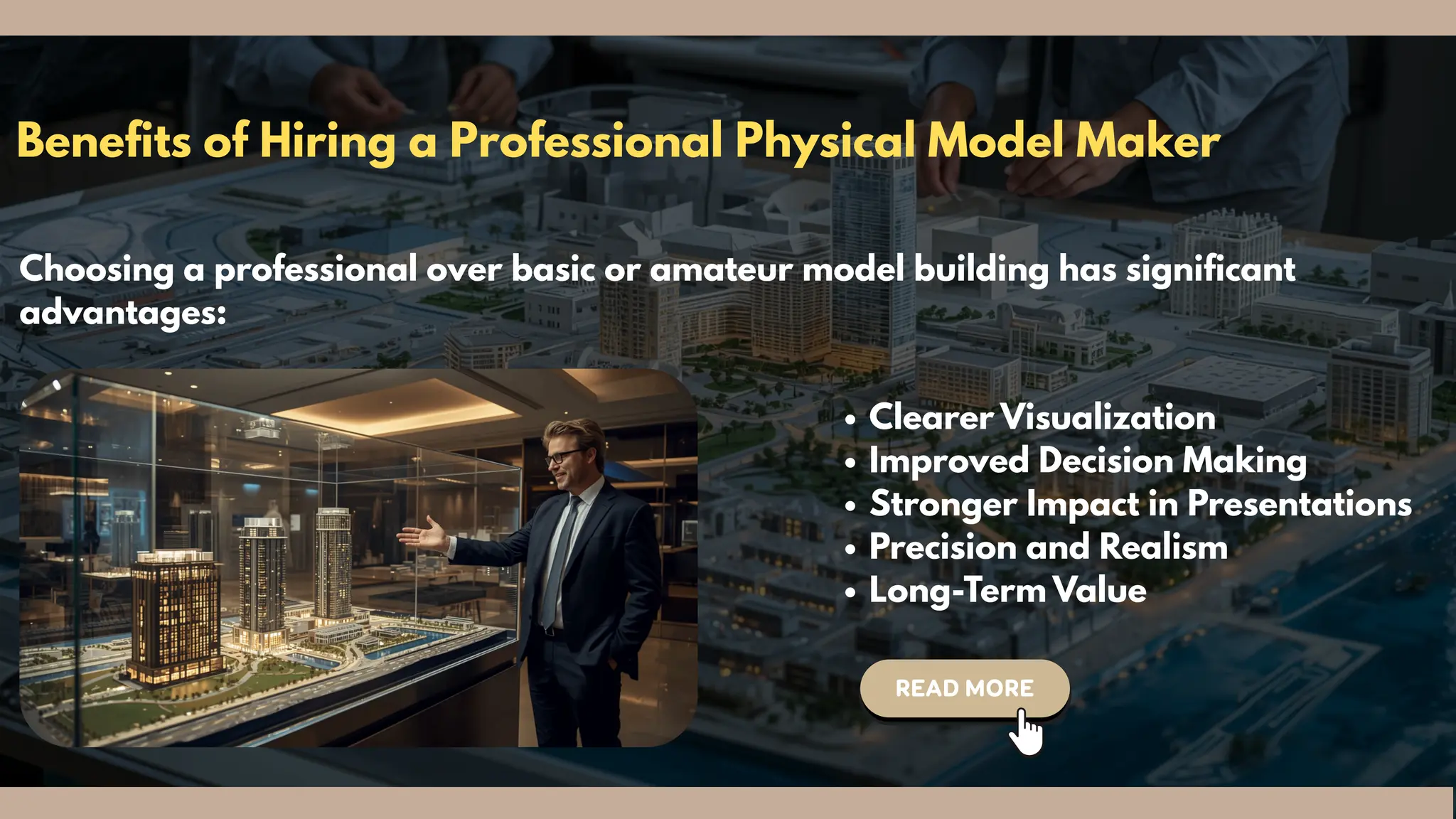 Benefits of Hiring a Professional Physical Model Maker
Choosing a professional over basic or amateur model building has significant
advantages:
Clearer Visualization
Improved Decision Making
Stronger Impact in Presentations
Precision and Realism
Long-Term Value
 
