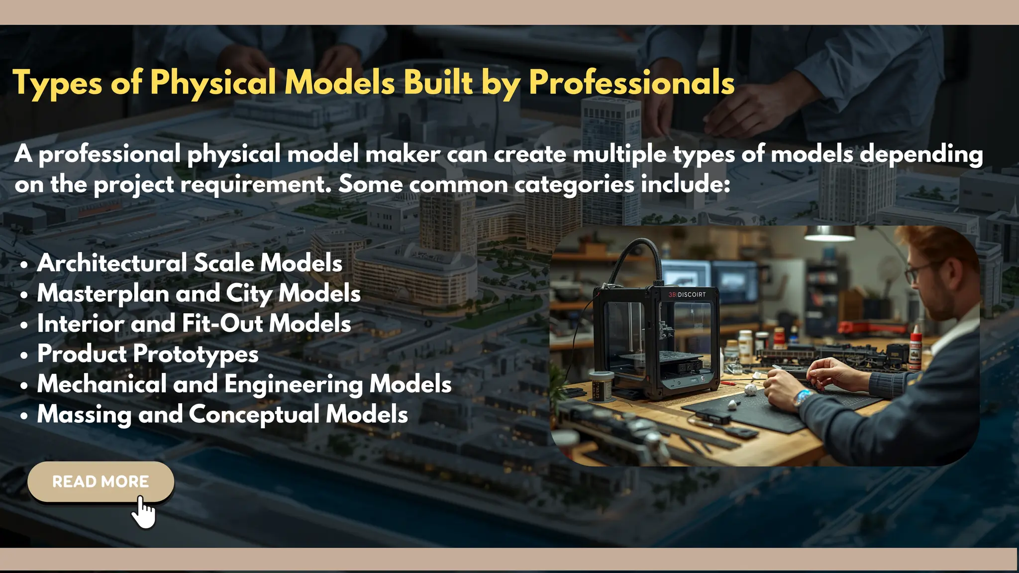 Types of Physical Models Built by Professionals
A professional physical model maker can create multiple types of models depending
on the project requirement. Some common categories include:
Architectural Scale Models
Masterplan and City Models
Interior and Fit-Out Models
Product Prototypes
Mechanical and Engineering Models
Massing and Conceptual Models
 