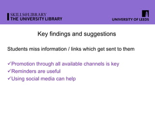 Key findings and suggestions
Students miss information / links which get sent to them
Promotion through all available channels is key
Reminders are useful
Using social media can help
 