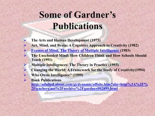 Some of Gardner’s
Publications
 The Arts and Human Development (1973)
 Art, Mind, and Brain: A Cognitive Approach to Creativity (1982)
 Frames of Mind: The Theory of Multiple Intelligence (1983)
 The Unschooled Mind: How Children Think and How Schools Should
Teach (1991)
 Multiple Intelligences: The Theory in Practice (1993)
 Changing the World: A Framework for the Study of Creativity(1994)
 Who Owns Intelligence? (1999)
 Book Publications
http://adulted.about.com/gi/dynamic/offsite.htm?site=http%3A%2F%
2Fteachers.net%2Farchive%2Fgardner092899.html
 