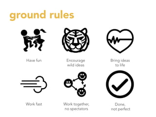 ground rules
Have fun
 Encourage
wild ideas
Bring ideas 
to life
Work fast
 Work together,
no spectators
Done,
not perfect
 