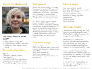 Personal information
Age: 19
Profession: full time student
Field: Design
Home life: single, lives with parents
Hobbies: hanging out with friends
Personality: arrogant and ambitious
Amelie the Undergrad
“Do I need to know this to
pass?”

•  Inexperienced library user
•  Only interested in what’s required
•  Research is not a key part of the
course
Background
Computer usage
Library usage
Key experiences
Experience: high
Primary uses: IM, email, web, Creative Suite
Favourite sites: Facebook, YouTube, Vimeo,
Design Milk
Hours online per week: 40
Works out of: library or home
Devices: laptop & any device she can get
her hands on
How often (online): weekly
How often (offline): few times a week
For: study, meet friends
Advanced features: rarely
Reliance on library: high (few
alternatives)
Material: books
Uses: catalogue
Amelie uses design books in the library
to get ideas for projects. She does not
rely on the library’s journal collections,
her emphasis is on books. She uses the
online catalogue to get started but
spends most of her time pulling books
from the stacks and looking for images.

As a design student her work is very
project focused with little research
required. Some of her projects are highly
independent, others involve working in
groups and building on ideas from her
colleagues. Her studio work involves
developing prototype designs by using
Creative Suite software, constructing
physical models, and sketching on
paper. 
She relies on Getty Images and Flickr
as good sources for digital images.
She has found it difficult to search for
images through the library.

She has tried to use the “ask a
librarian” feature but sometimes she
gets the feeling that there are not
enough resources to handle all the
requests so you have to wait for a reply. 

Amelie uses the library systems so
infrequently that she doesn’t get used
to them or build up tactics or strategies
for success. Amelie needs help to use
the library.

If you don’t bring the book back on
time you get an “outrageous fine,
something like $30.” 
Zaana Howard 2012. Adapted from persona examples from Step Two Designs & Cornell University. Persona images courtesy of Flickr Creative Commons.
 